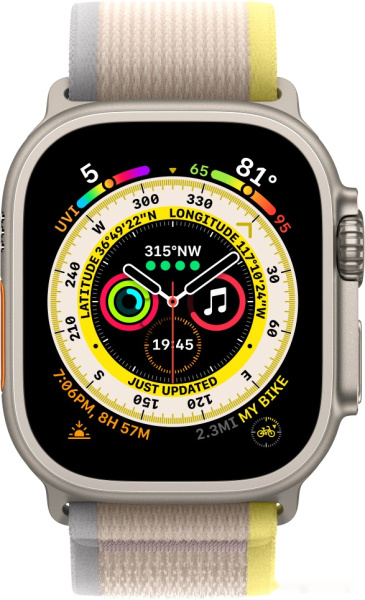 Apple Watch Ultra LTE 49 мм (титановый корпус, титановый/желто-бежевый, нейлоновый ремешок размера S/M)