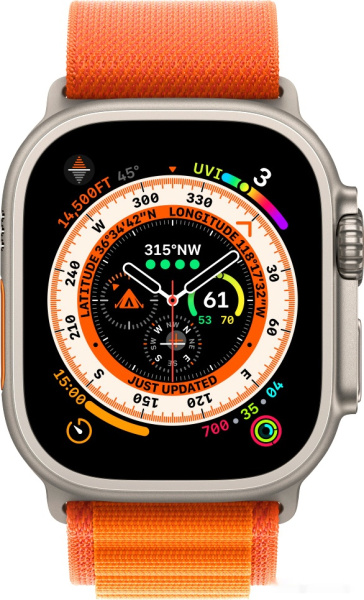 Apple Watch Ultra LTE 49 мм (титановый корпус, титановый/оранжевый, текстильный ремешок размера M)