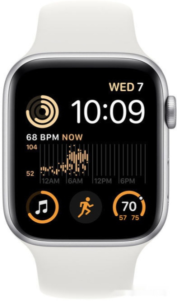 Apple Watch SE 2 44 мм (алюминиевый корпус, серебристый/белый, спортивный силиконовый ремешок)