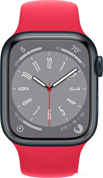 Apple Watch Series 8 41 мм (алюминиевый корпус, полуночный/красный, спортивный силиконовый ремешок)