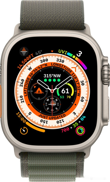 Apple Watch Ultra LTE 49 мм (титановый корпус, титановый/темно-зеленый, текстильный ремешок размера M)