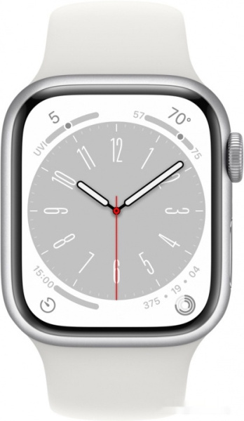 Apple Watch Series 8 45 мм (алюминиевый корпус, серебристый/белый, спортивный силиконовый ремешок)